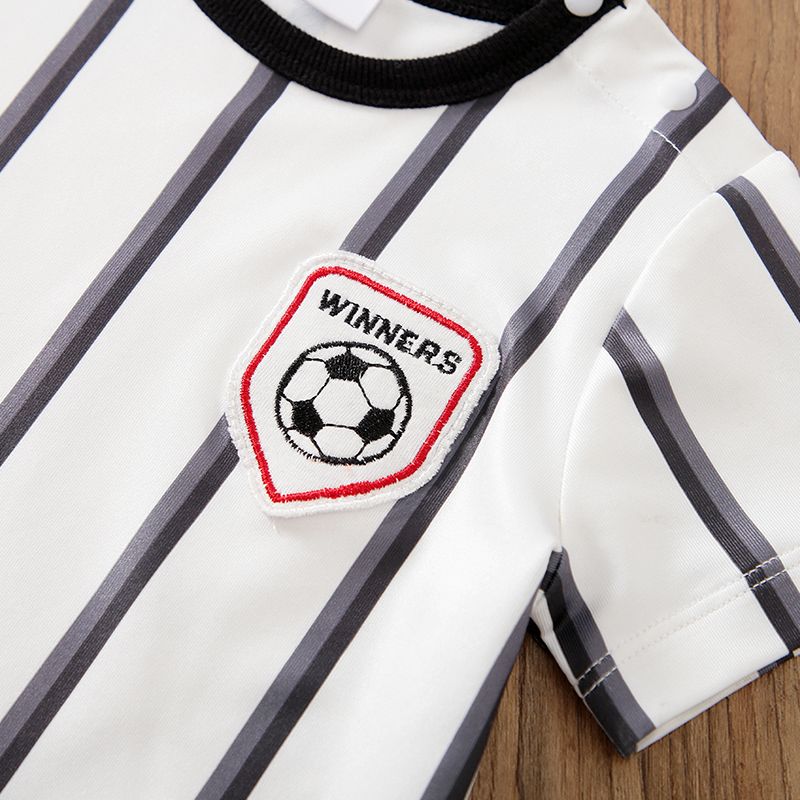 2pcs Baby Boy Soccer Patch Decor Striped Short-sleeve T-shirt and Colorblock Shorts Set Grey big image 3