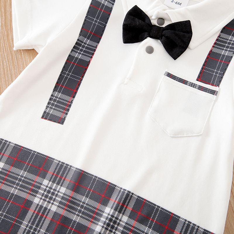 Baby Boy Gentleman Bow Tie Decor Plaid Spliced Short-sleeve Jumpsuit Coffee big image 4