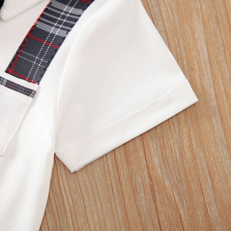 Baby Boy Gentleman Bow Tie Decor Plaid Spliced Short-sleeve Jumpsuit Coffee big image 5