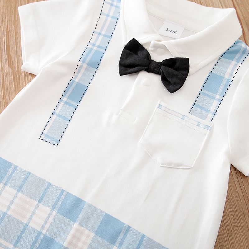 Baby Boy Gentleman Bow Tie Decor Plaid Spliced Short-sleeve Jumpsuit Light Blue big image 5