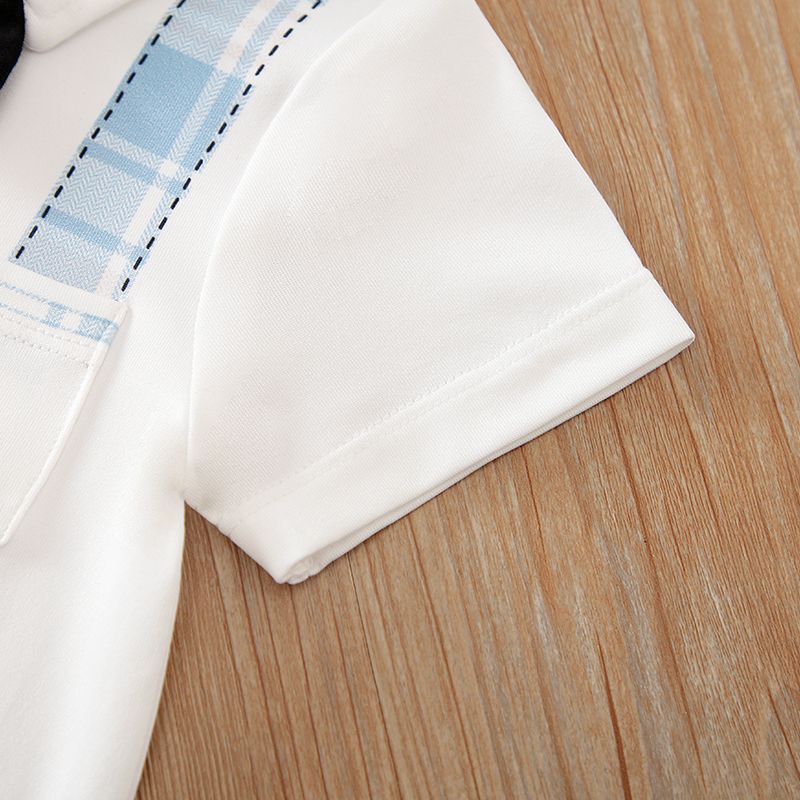 Baby Boy Gentleman Bow Tie Decor Plaid Spliced Short-sleeve Jumpsuit Light Blue big image 6