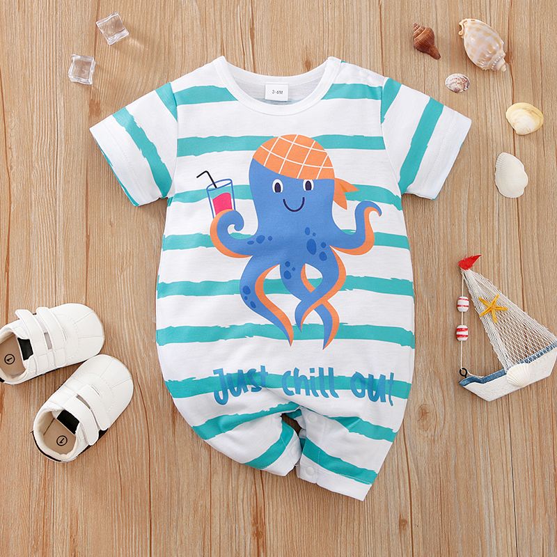 Baby Boy/Girl Cartoon Octopus & Letter Print Striped Short-sleeve Romper Turquoise big image 1