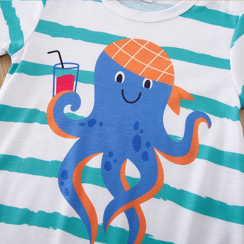 Baby Boy/Girl Cartoon Octopus & Letter Print Striped Short-sleeve Romper Turquoise big image 5