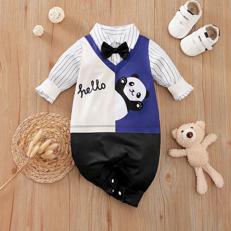 Baby Boy Striped Long-sleeve Faux-two Panda Print Colorblock Gentleman Jumpsuit Navy