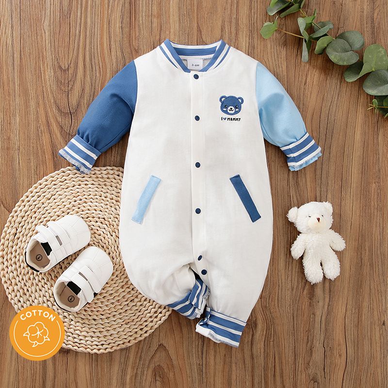 100% Cotton Baby Boy/Girl Cartoon Bear and Letter Embroidered Colorblock Long-sleeve Snap Jumpsuit Light Blue