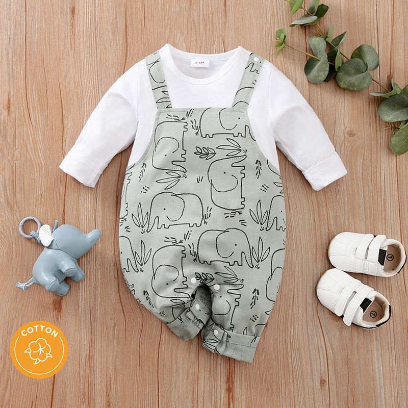 100% Cotton Baby Boy/Girl All Over Cartoon Elephant Print Faux-two Long-sleeve Jumpsuit Light Blue