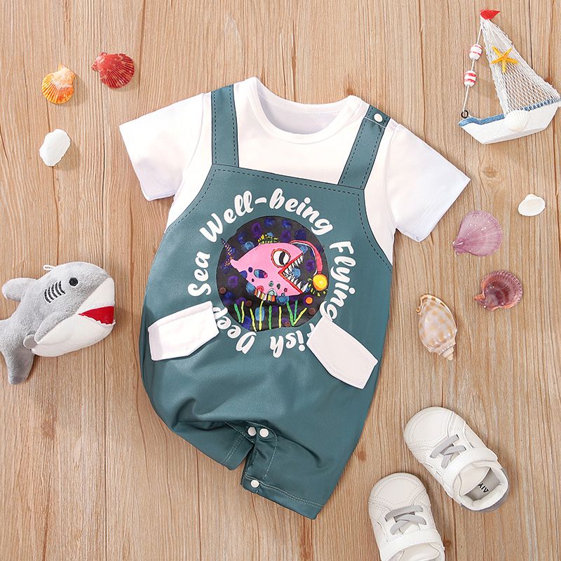 Baby Boy/Girl Faux-two Short-sleeve Cartoon Fish & Letter Print Romper Turquoise