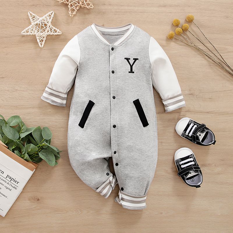 100% Cotton Baby Boy/Girl Letter Embroidered Spliced Long-sleeve Sporty Jumpsuit Grey