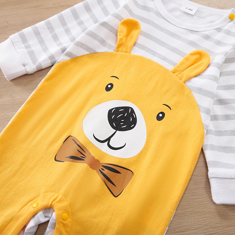 100% Cotton Baby Boy Long-sleeve Striped Spliced Bear Print 3D Ears Design Jumpsuit Orange big image 5