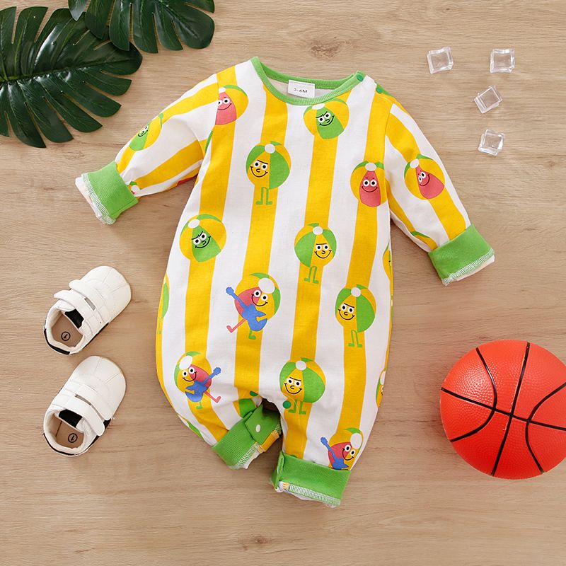 100% Cotton Baby Boy Allover Graphic Print Striped Long-sleeve Jumpsuit Yellow