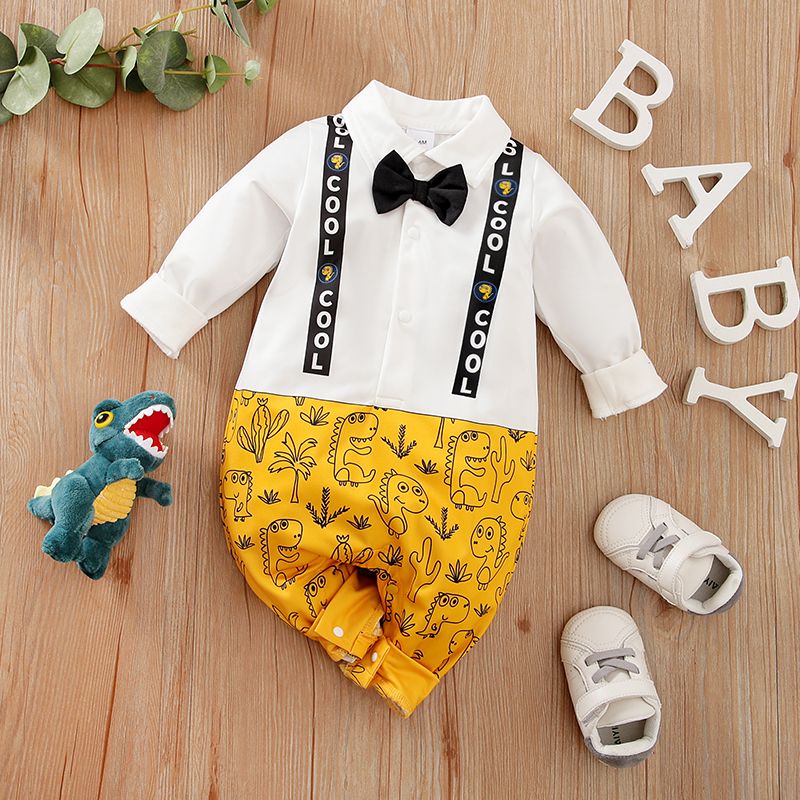 Baby Boy Long-sleeve Gentleman Bow Tie Decor Letter & Dinosaur Print Spliced Jumpsuit Yellow