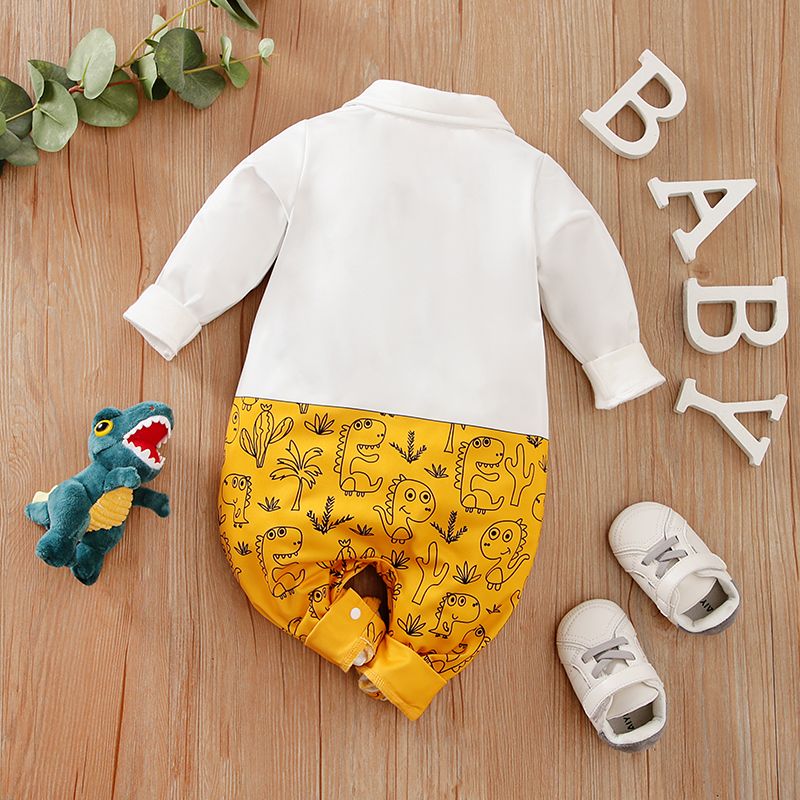 Baby Boy Long-sleeve Gentleman Bow Tie Decor Letter & Dinosaur Print Spliced Jumpsuit Yellow big image 2