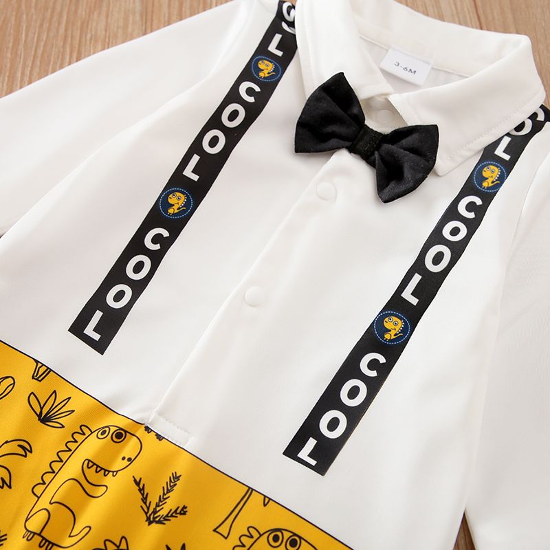 Baby Boy Long-sleeve Gentleman Bow Tie Decor Letter & Dinosaur Print Spliced Jumpsuit Yellow big image 4