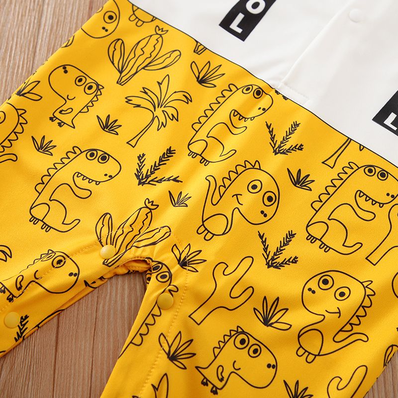 Baby Boy Long-sleeve Gentleman Bow Tie Decor Letter & Dinosaur Print Spliced Jumpsuit Yellow big image 6