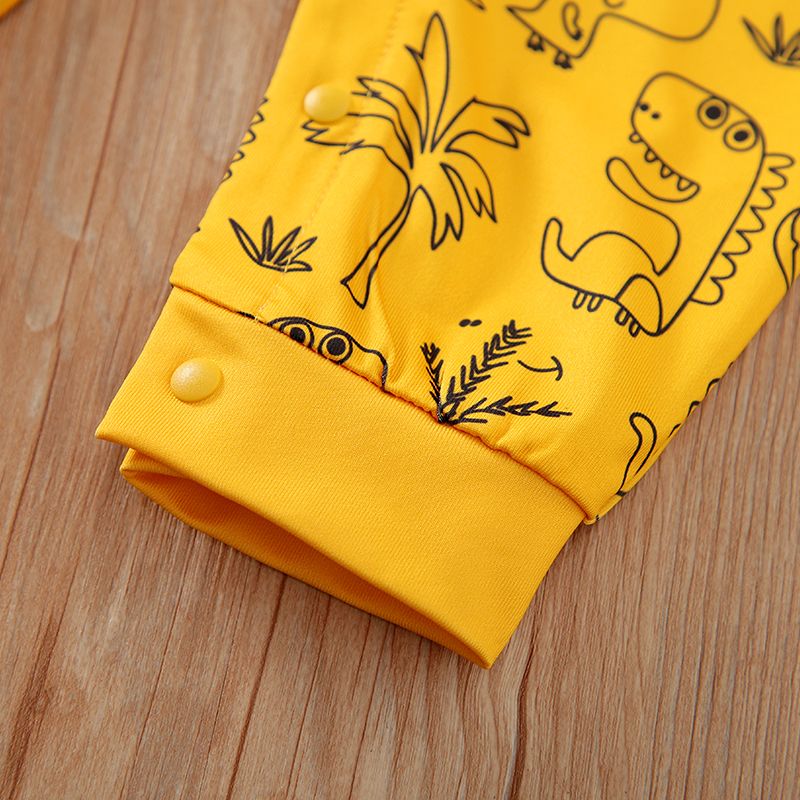 Baby Boy Long-sleeve Gentleman Bow Tie Decor Letter & Dinosaur Print Spliced Jumpsuit Yellow big image 7