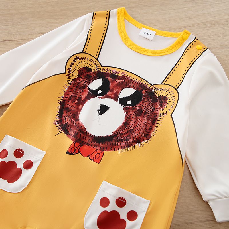 Baby Boy/Girl Long-sleeve Faux-two Bear Print Jumpsuit Brown big image 2