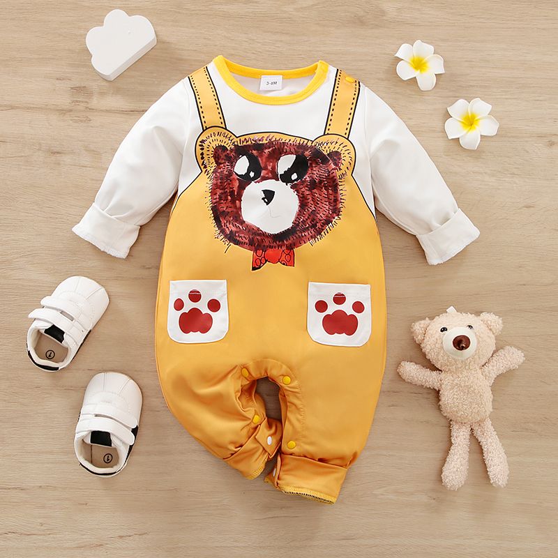 Baby Boy/Girl Long-sleeve Faux-two Bear Print Jumpsuit Brown