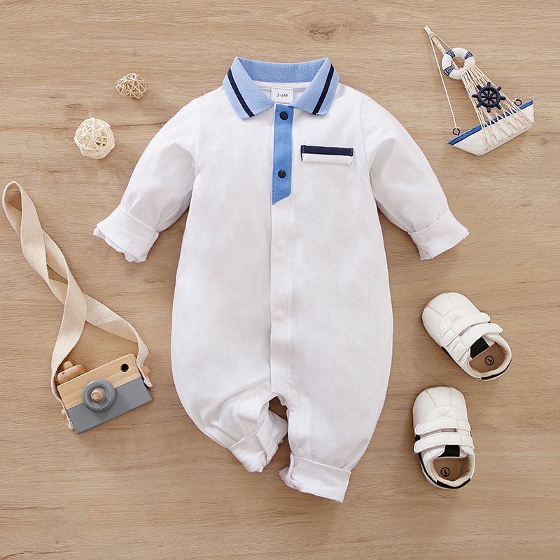 100% Cotton Baby Boy Contrast Collar Long-sleeve Button Front Jumpsuit White big image 1