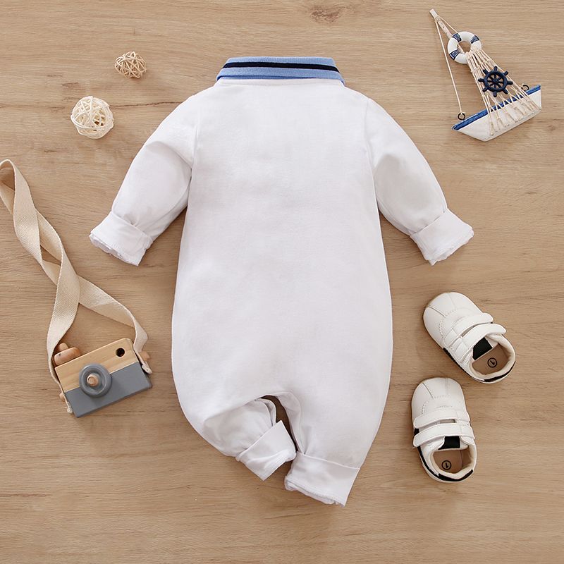 100% Cotton Baby Boy Contrast Collar Long-sleeve Button Front Jumpsuit White big image 2
