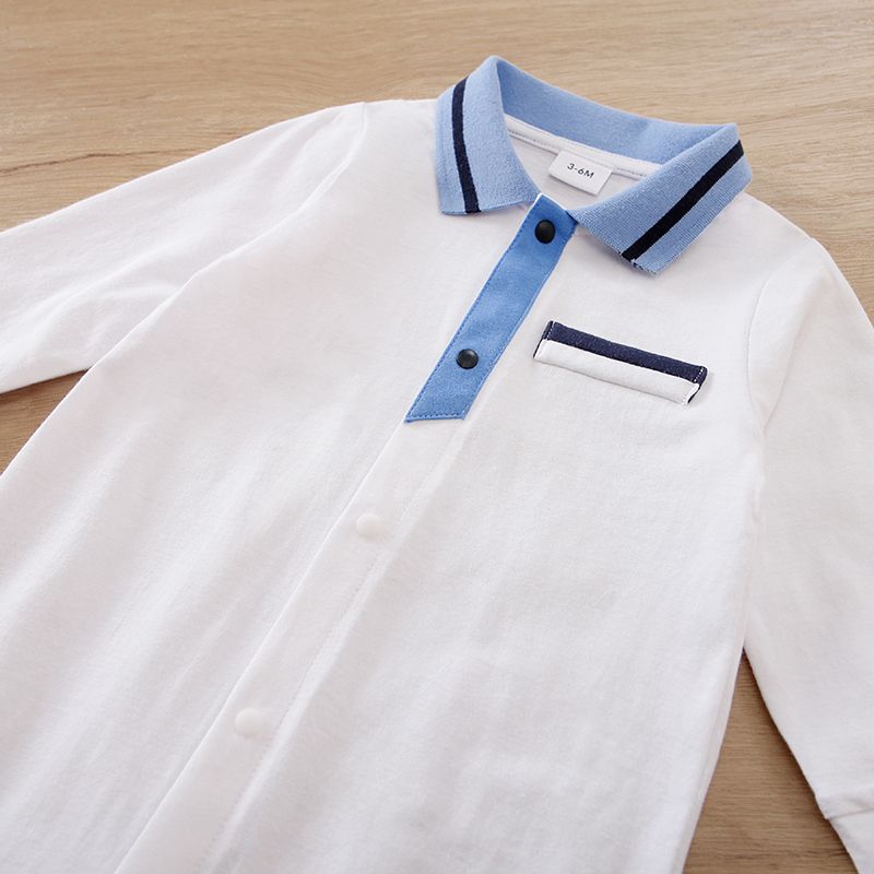 100% Cotton Baby Boy Contrast Collar Long-sleeve Button Front Jumpsuit White big image 3