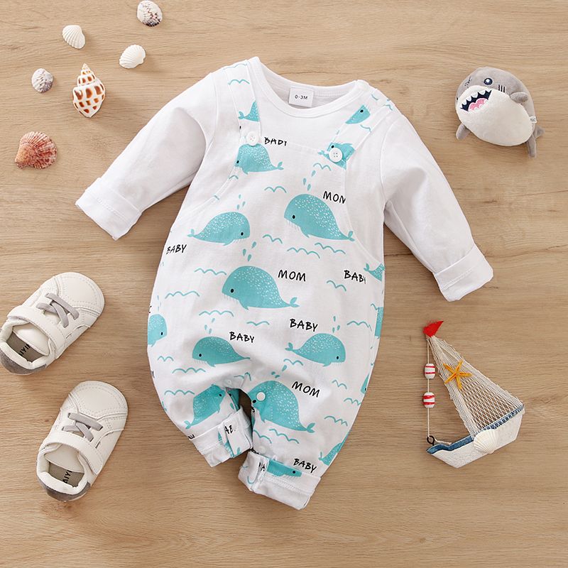 100% Baby Boy/Girl Long-sleeve Faux-two Allover Whale & Letter Print Jumpsuit Light Blue