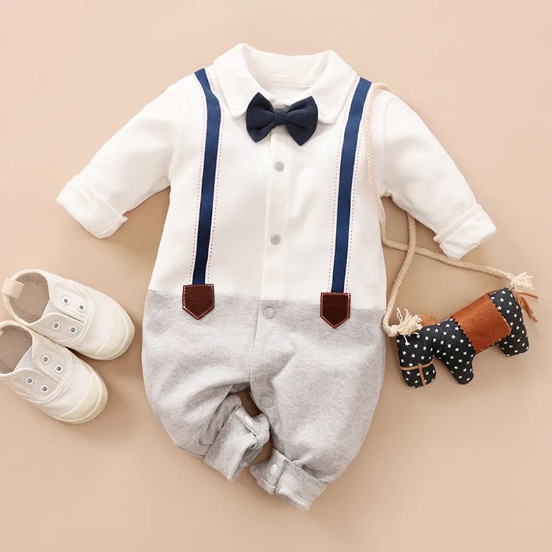 100% Cotton Color Block Lapel Collar Bow Tie Decor Faux-two Long-sleeve Baby Jumpsuit White