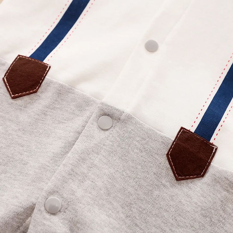 100% Cotton Color Block Lapel Collar Bow Tie Decor Faux-two Long-sleeve Baby Jumpsuit White