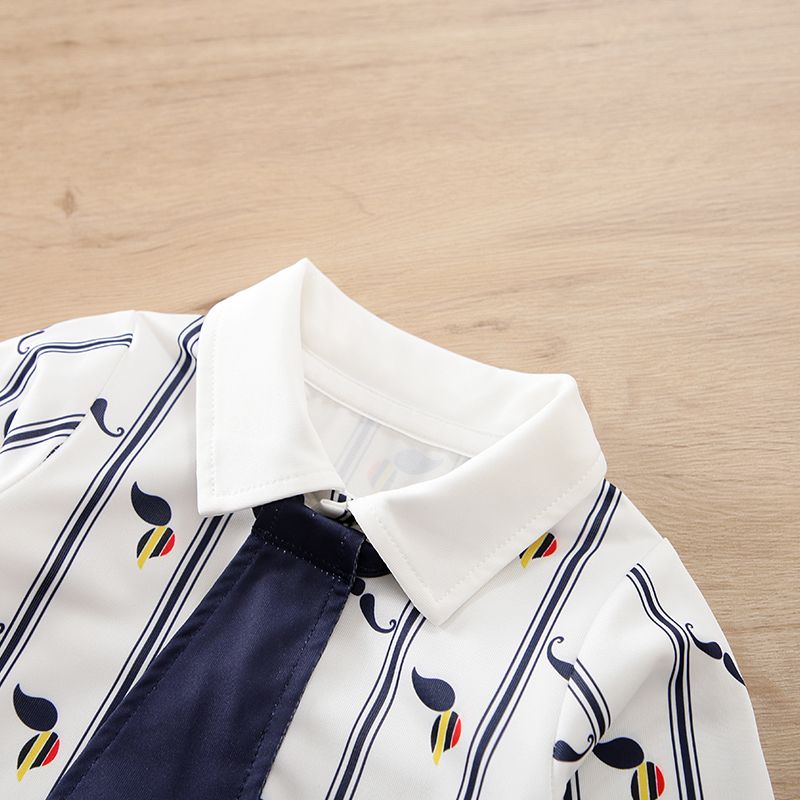 Baby Boy Gentleman Necktie Design Allover Mustache Print Spliced Long-sleeve Jumpsuit Navy big image 3