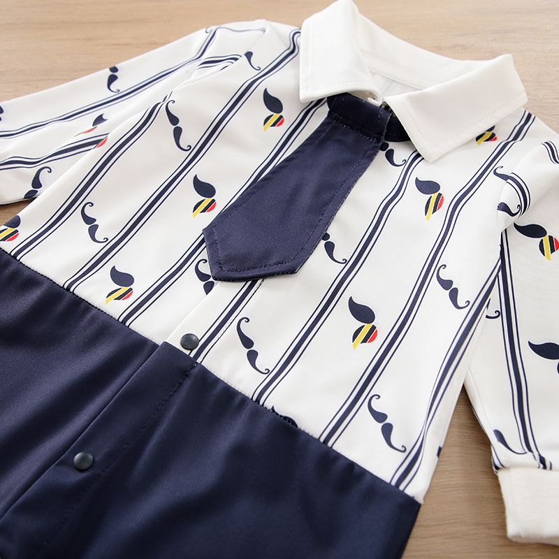 Baby Boy Gentleman Necktie Design Allover Mustache Print Spliced Long-sleeve Jumpsuit Navy big image 4