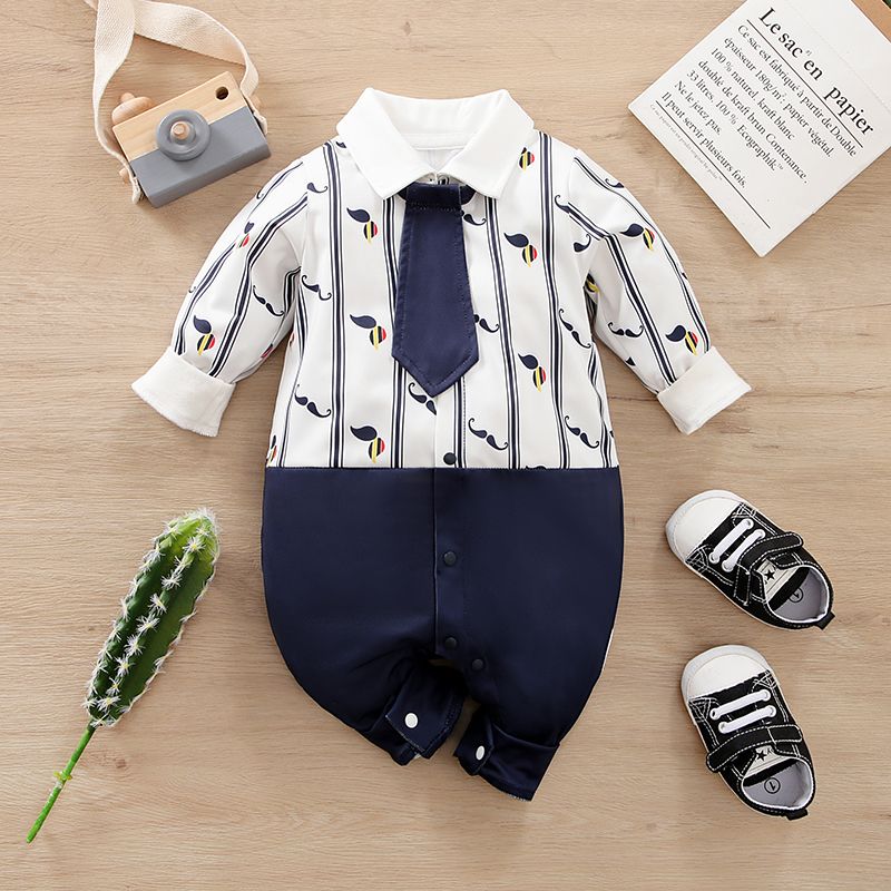 Baby Boy Gentleman Necktie Design Allover Mustache Print Spliced Long-sleeve Jumpsuit Navy big image 1