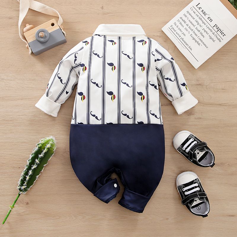 Baby Boy Gentleman Necktie Design Allover Mustache Print Spliced Long-sleeve Jumpsuit Navy big image 2