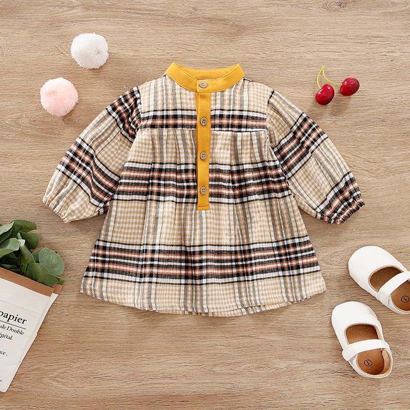 Baby Girl Button Front Long-sleeve Plaid Dress PLAID big image 1