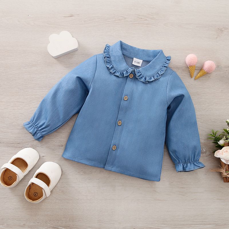 camisa de manga comprida com gola de babado azul bebê menina Azul Claro big image 1
