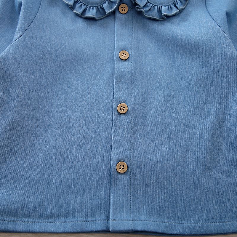 camisa de manga comprida com gola de babado azul bebê menina Azul Claro big image 5