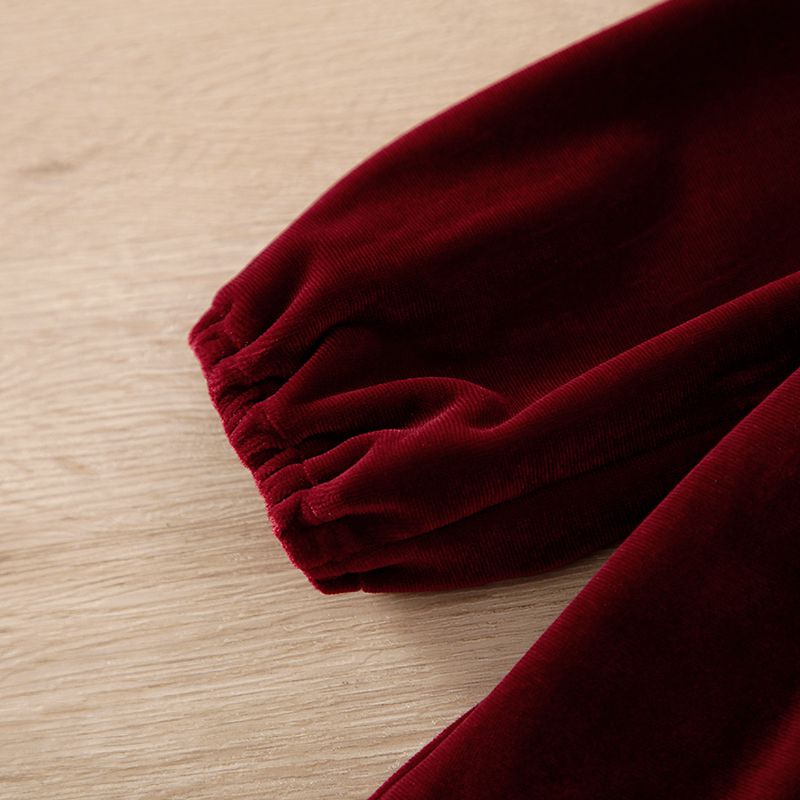 طفلة الدانتيل التفاصيل الصلبة المخملية فستان طويل الأكمام أحمر big image 5