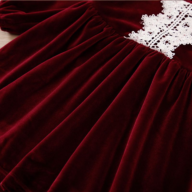 طفلة الدانتيل التفاصيل الصلبة المخملية فستان طويل الأكمام أحمر big image 6