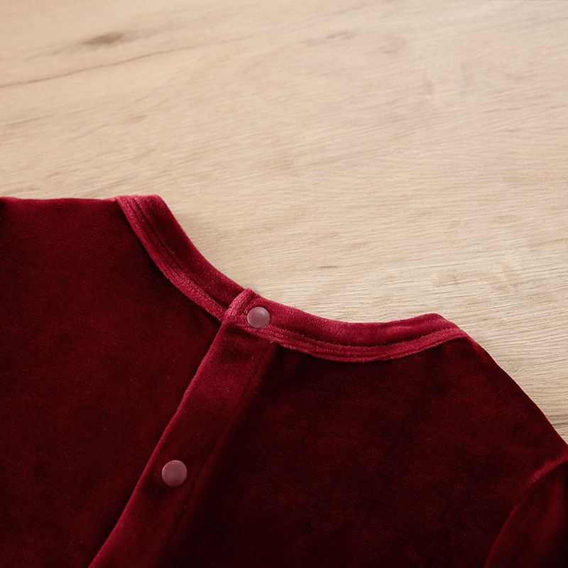 Baby Girl Lace Detail Solid Velvet Long-sleeve Dress Red