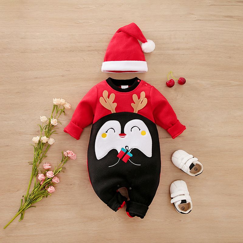 عيد الميلاد 2 قطعة طفل رضيع / فتاة البطريق الرسم colorblock طويلة الأكمام الصوف بذلة مع مجموعة قبعة أحمر