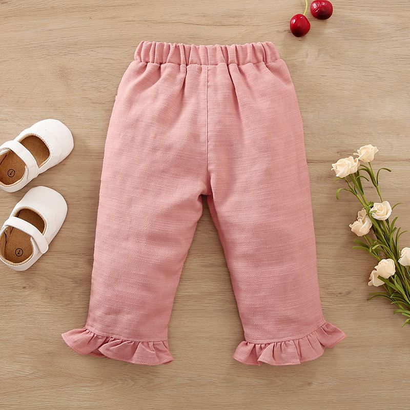 100% Cotton Baby Girl Pink Ruffle Trim Casual Pants Pink big image 2