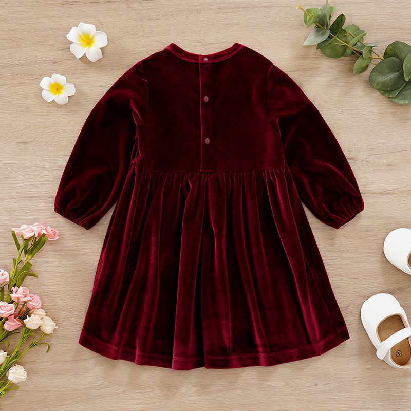 Baby Girl Lace Detail Solid Velvet Long-sleeve Dress Red big image 2