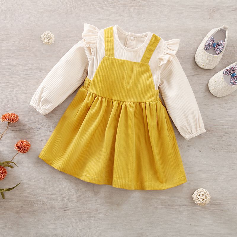 Baby Girl Ruffle Long-sleeve Spliced Corduroy Dress Yellow