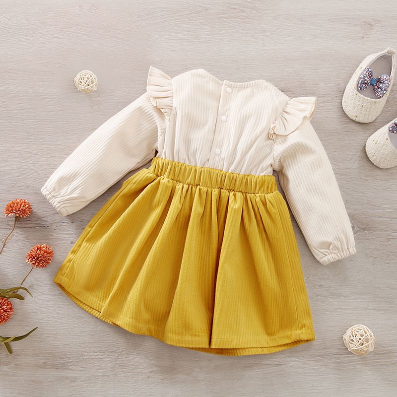 Baby Girl Ruffle Long-sleeve Spliced Corduroy Dress Yellow big image 2