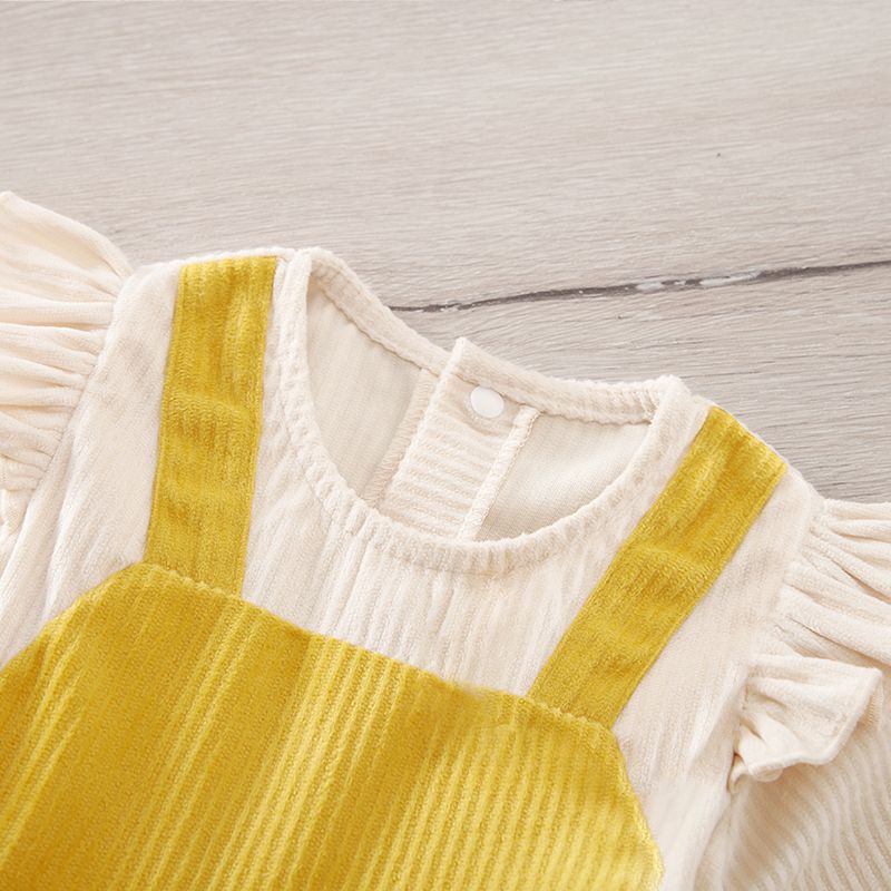 Baby Girl Ruffle Long-sleeve Spliced Corduroy Dress Yellow big image 3