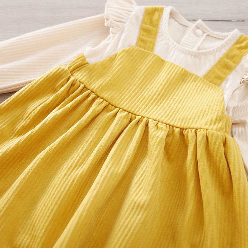 Baby Girl Ruffle Long-sleeve Spliced Corduroy Dress Yellow big image 5