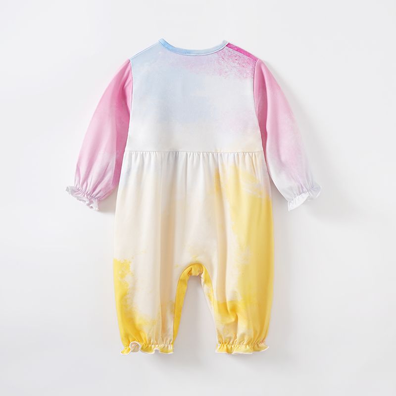 Baby Girl Tie Dye Frill Trim Button Front Long-sleeve Jumpsuit Multi-color big image 2