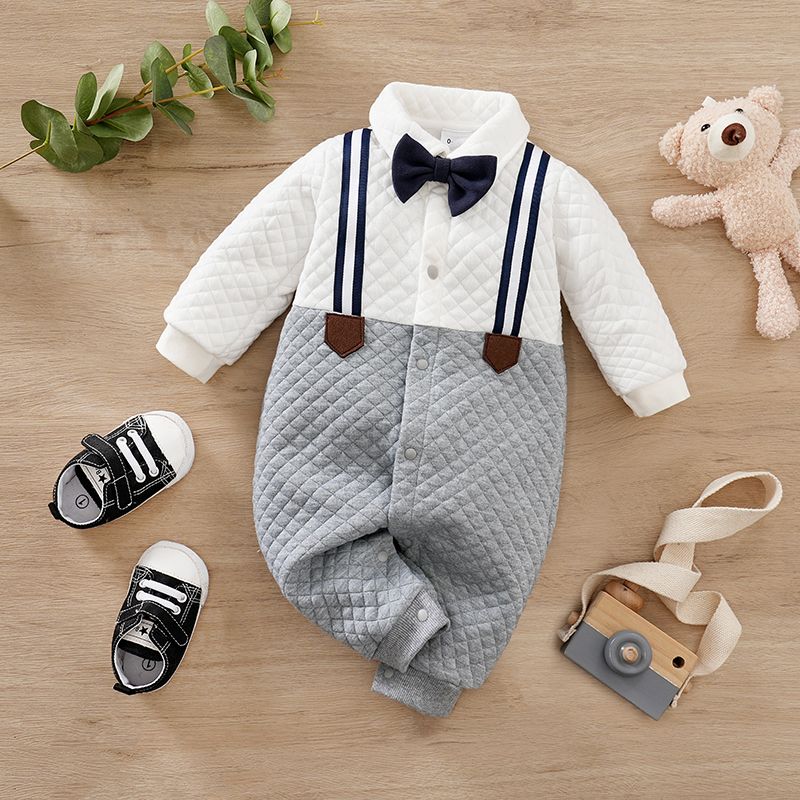 Baby Boy Thickened Colorblock Bow Tie Decor Gentleman Jumpsuit Grey&White big image 1