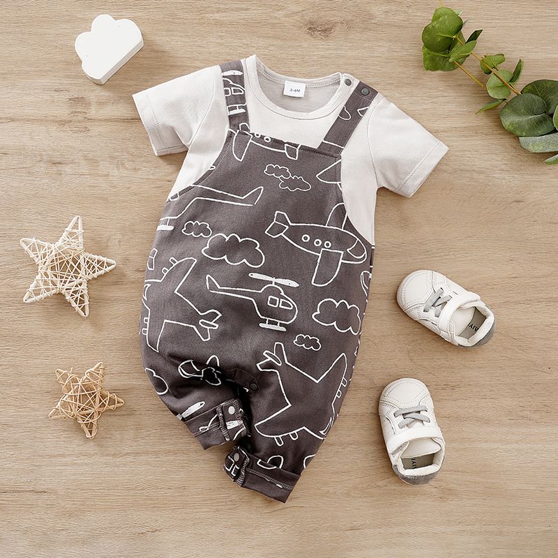Baby Boy 100% Cotton Allover Airplane Print Short-sleeve Faux-two Jumpsuit Grey big image 1