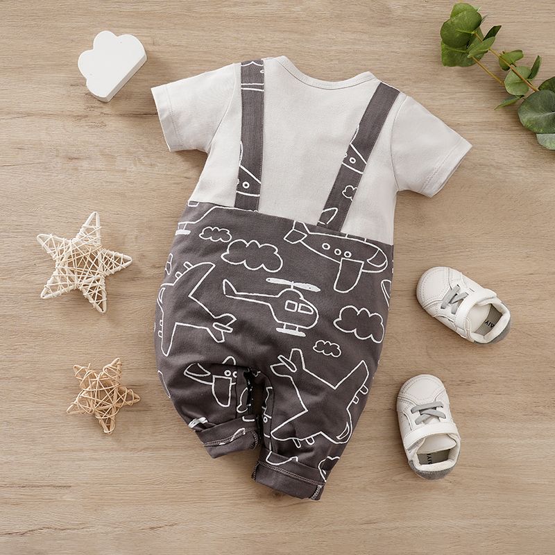Baby Boy 100% Cotton Allover Airplane Print Short-sleeve Faux-two Jumpsuit Grey big image 2