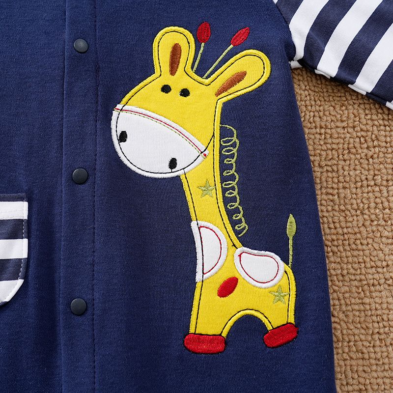 100% Cotton Giraffe Applique Stripe Print Long-sleeve Baby Jumpsuit Dark Blue big image 6