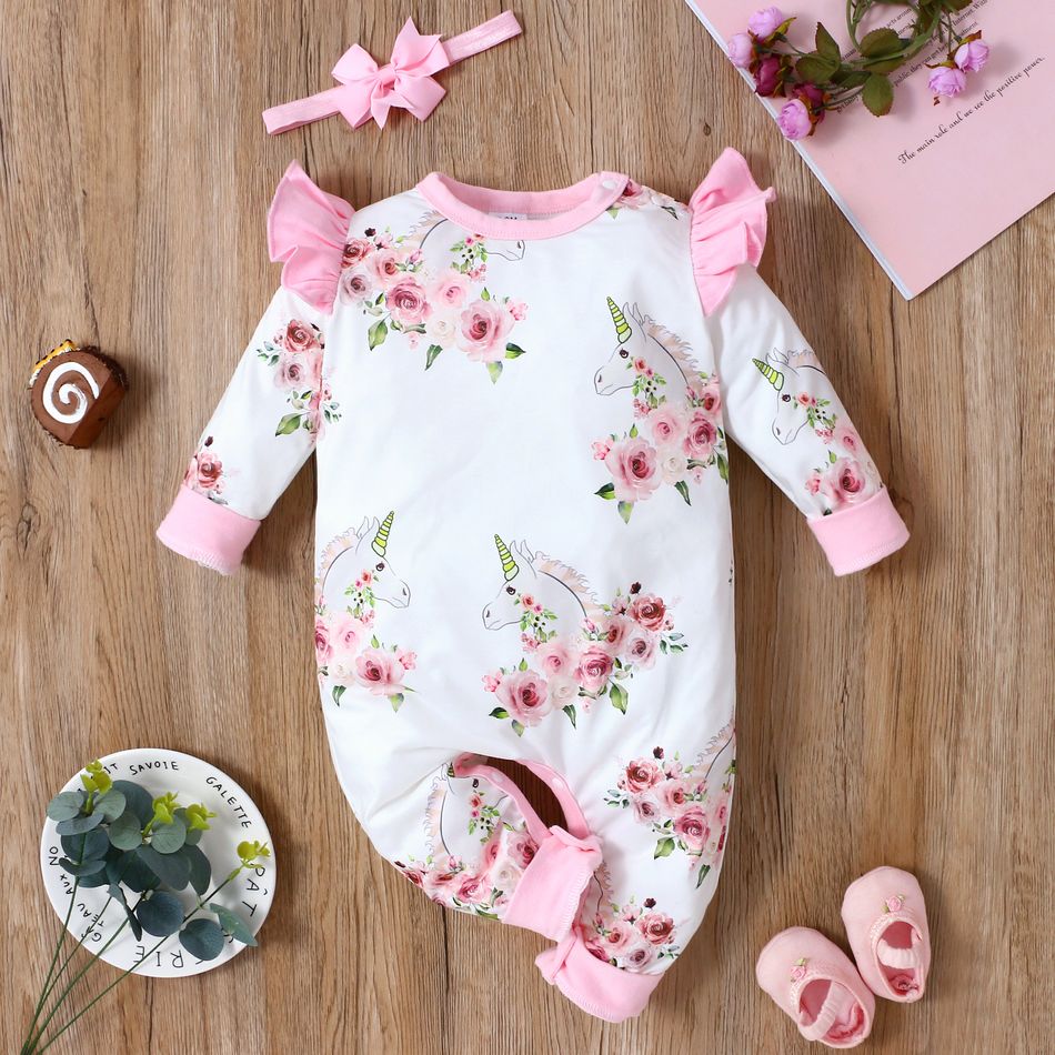2pcs Baby Girl Pink Unicorn and Floral Print Ruffle Long-sleeve Jumpsuit Set Pink